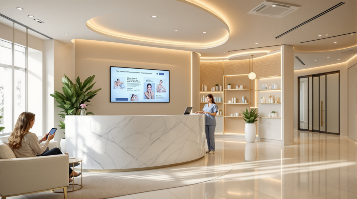 Med spa marketing visual showing a luxurious reception area with a modern marble desk, patient waiting with a tablet, and digital signage highlighting aesthetic treatments—capturing the essence of patient experience and brand presence.